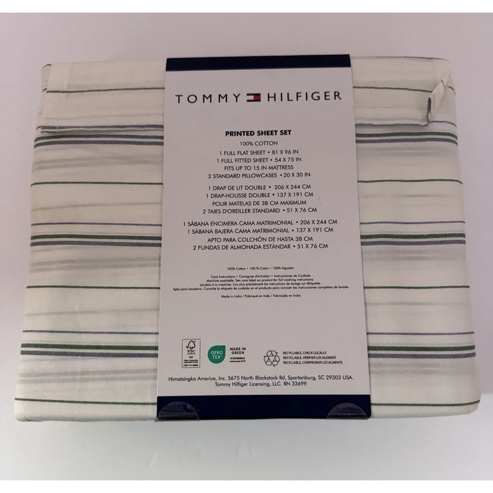 NEW Tommy Hilfiger Green White Stripe Cotton FULL Sheet Set 4pc